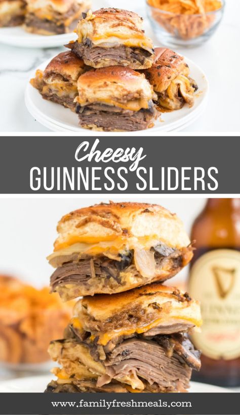 Cheesy Guinness Beef Sliders - Family Fresh Meals Bacon Meals, Appetizers Chicken, Sliders Recipes Beef, Beer Sauce, Butter Beer, Slider Sandwiches, Sliced Roast Beef, Beef Sliders, Fresh Meals