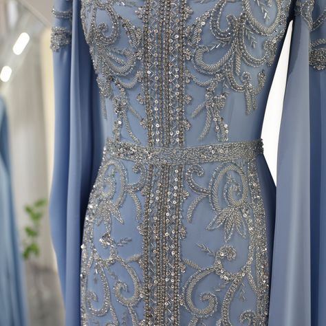 SS365 Luxury Dubai Blue Mermaid Muslim Evening Dresses with Cape Sleeves Arabic Women Wedding Engagement Party Gowns 💙💙💙 #couturedress #formaldress #wedding #guest #luxurywedding #summerwedding #couture #weddingdress #eveningdress #فساتين_زفاف #الامارات #فساتين_سهره #düğün #nişanelbisesi #bridalcouture #dreamweddingdress #bridetobe #bridalwear #مسلمون #المملكة #PartyDress #engaged Dresses With Cape Sleeves, Arabic Women, Yellow Evening Dresses, Grey Evening Dresses, Champagne Evening Dress, Muslim Evening Dresses, Gold Evening Dresses, Green Evening Dress, White Evening Dress