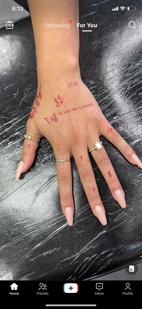 Lover Hand Tattoo, Small Floral Hand Tattoos, Small Red Hand Tattoos, Girly Hand Tattoos Ideas, 444 Tattoo Hand, Big Hand Tattoos, Red Lettering Tattoo, Cute Hand Tattoos For Women, Red Hand Tattoo