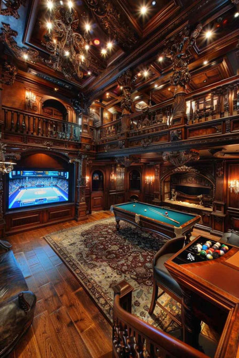 32 Game Spaces: Enhancing Play Environments with Baroque-Rococo Touches Luxury Man Cave, Log Cabin Mansions, Luxury Game Room, Log Home Interior, Cabin Mansion, Antique Billiards, Home Theater Room Design, Home Game Room, Theater Room Design