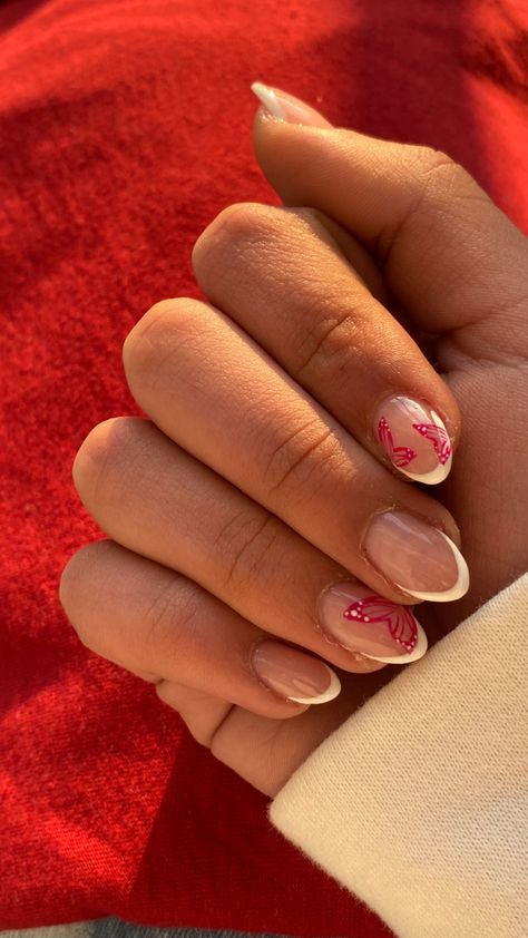 Cute Nails Butterflies, French Tip Nails With Butterflies, Cute Nails Butterfly, Red French Tip With Butterflies, Red Gel Nail Designs, Butterfly Biab Nails, Butterfly On Nails, Butterfly French Nails, Butterfly Gel Nails