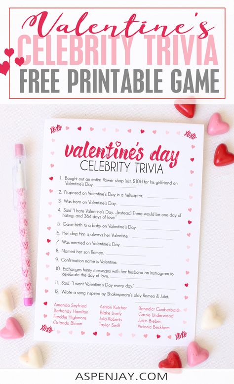 Free Celebrity Valentines Trivia game - great activity to play with girlfriends for a Galentine's Day Party! #valentinestrivia #valentinescelebrity #celebritytrivia I Hate Valentine's Day, Valentine's Day Party Games, Hate Valentines Day, Valentines Games, Galentines Party, Valentine's Day Games, Scavenger Hunt For Kids, Valentine Party, Valentine's Day Printables