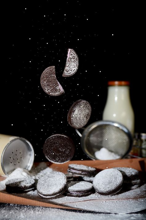 Food photography inspired by photojosh  flying OREO flying cookies Oreo Photography Ideas, Levitating Photography, Flying Food Photography, Oreo Photography, Cookie Photoshoot, Dairy Free Scones, Holiday Branding, Moon Cookies, Oreo Biscuits