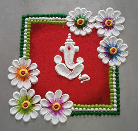 Shree Rangoli Design, Ganpati Festival Rangoli, Rangoli For Ganesh Festival, Half Circle Rangoli Designs Easy, Ganesh Rangoli Easy, Rangoli Ganesh Design, Sathiya Design Rangoli, Ragoli Color Design Simple, Ganesha Rangoli Design Simple