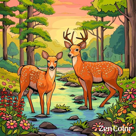 Creek Illustration, Woods Illustration, Easy Scenery Drawing, Deer Crossing, Canvas Art Painting Acrylic, Sika Deer, Buddha Art Drawing, شال كروشيه, Arte Sailor Moon