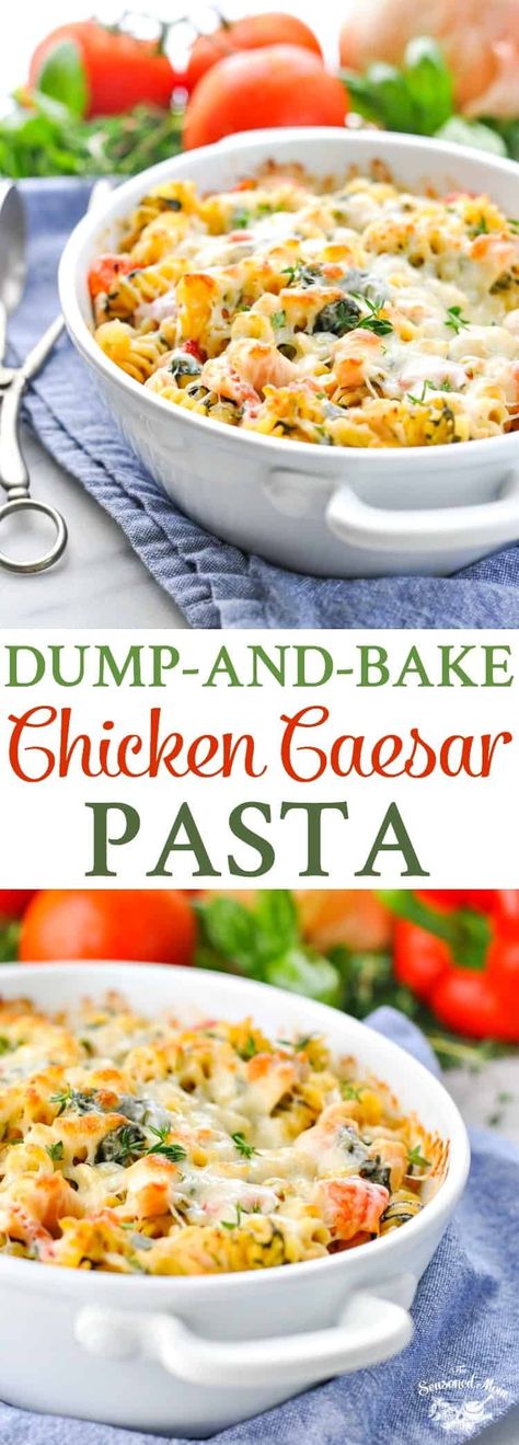 You don't even have to boil the pasta for this easy Dump-and-Bake Chicken Caesar Pasta! Easy Dinner Recipes | Chicken Breast Recipes | Dinner Ideas | One Dish #theseasonedmom #chicken #Caesar #Pasta Easy Dinner Recipes Chicken Breast, Dinner Recipes Chicken Breast, Pasta Easy Dinner, Recipes Chicken Breast, Chicken Breast Recipes Dinners, Chicken Caesar Pasta, Caesar Pasta, Creamy Chicken Casserole, Caesar Chicken