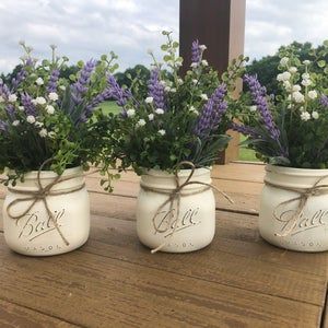 Lavender Centerpiece, Farmhouse Decor Table, Jar Centerpiece Wedding, Mason Jar Flower Arrangements, Lavender Centerpieces, Lavender Decor, Sunflower Centerpieces, Farmhouse Centerpiece, Jar Centerpieces