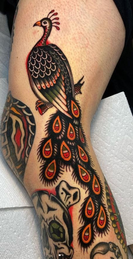 Peacock Tattoo Men, Traditional Tattoo Leg Sleeve, Peacock Tattoos, Traditional Tattoo Inspiration, Tattoo Apprenticeship, Peacock Tattoo, Traditional Style Tattoo, Traditional Tattoo Sleeve, Old School Tattoo Designs