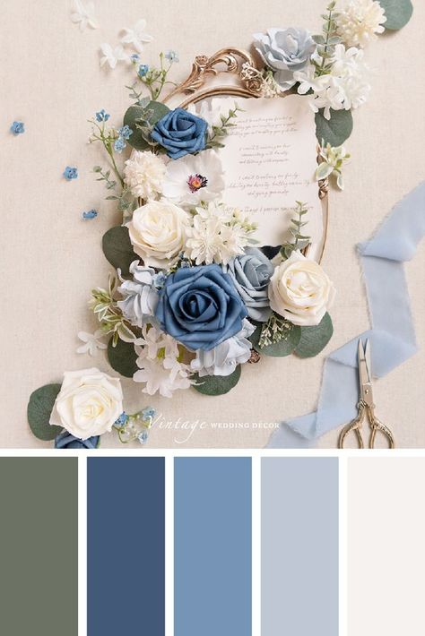 Elegant Wedding Colours, Blue Floral Color Palette, Blue Palette Colour Schemes, Wedding Pallet Ideas Colour Schemes, Blue Wedding Color Schemes, Color Palette 2024, Wedding Color Palette Ideas, Colour Palate, Color Knowledge