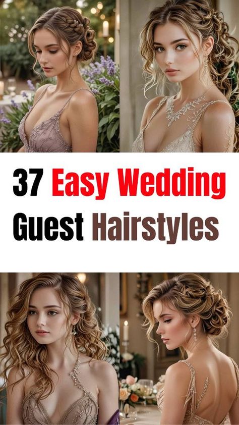 Discover easy wedding guest hairstyles that are perfect for any celebration! Whether you're attending a casual outdoor wedding or a formal black-tie event, these simple wedding guest hairstyles are elegant and effortless to create. From chic updos to soft waves, these looks are sure to make you shine without taking hours to style. Explore the best quick wedding hairstyles that will have you ready in no time! Perfect for all hair types and lengths. Updos For A Wedding Guest, Bridesmaid Hair To Side, Formal Hairstyles Layered Hair, Easy Hairstyles For Cocktail Party, Easy Hair For Formal Event, Bridesmaid Hairstyles For Medium Length Hair, Wedding Guest Hair Up Do, Hair For Black Tie Event, Elegant Hairstyles For Wedding Guest