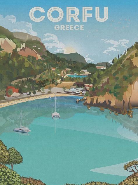 Greece Poster, Corfu Town, Corfu Greece, Humble Beginnings, Greek Myths, Beautiful Villages, Corfu, Poster Vintage, Greek Islands