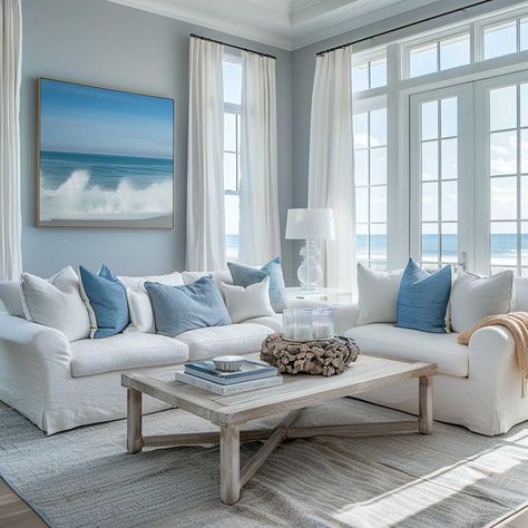 Coastal Vibes with Gray Paint Interiors • 333+ Art Images Lounge Designs, Coastal Decorating Living Room, Coastal Style Decorating, Beach House Living Room, Coastal Breeze, Living Room Decor Inspiration, Coastal Living Rooms, Beach House Interior, Coastal Living Room