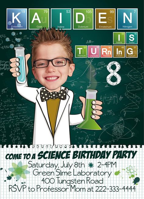 Science Party Invitations, Science Birthday Party Ideas, Scientist Birthday Party, Science Birthday Party, Mad Science Party, Scientist Birthday, Mad Scientist Party, Scientist Party, Science Birthday