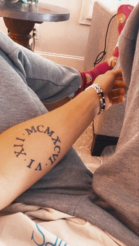 Tattoo ideas! Tattoo In A Circle, Birthday In Roman Numerals Tattoo, Roman Numeral Birthday, Roman Numerals Tattoo, Numerals Tattoo, Tattoo Circle, Forearm Tattoo Quotes, Tattoo Quote, Roman Numeral Tattoos