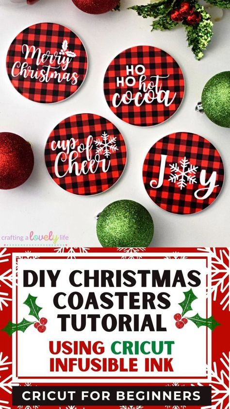 Today I am going to show you how to make these super cute Christmas coasters using your Cricut and infusible ink. I absolutely LOVE how these coasters turned out and this project is great for Cricut beginners! Cricut Projects | Cricut Projects Beginner | Easy Cricut Projects | Cricut Tutorial | Cricut Project Ideas | Cricut Iron-On Vinyl Tutorial | Cricut Christmas Projects | Cricut Christmas Ideas | DIY Cricut Apron | SVG | Cricut Files Christmas Coaster Ornaments, Diy Coasters With Cricut, Coasters Infusible Ink, Sublimation Christmas Ideas To Sell, Christmas Coasters Cricut, Cricut Coaster Ideas Infusible Ink, Infusible Ink Coaster Ideas, Coaster Ideas Cricut, Christmas Coaster Ideas