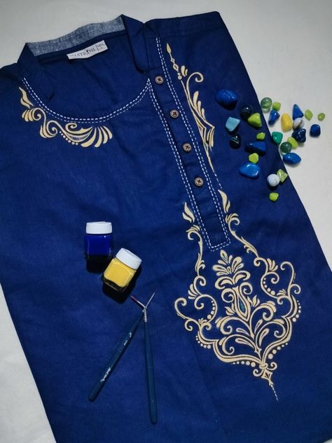 Kalka Design On Punjabi, Kolka Design Panjabi, Kurta Painting Design For Man, Bengali Groom, Kalka Design, Punjabi Design, Panjabi Design, Fabric Paint Shirt, Saree Painting Designs