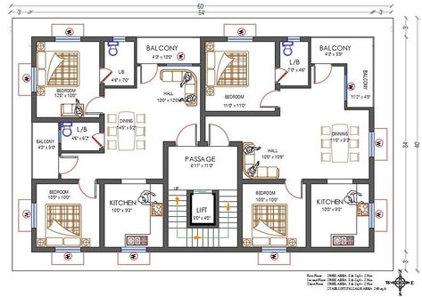 2400 square feet typical apartment house layout plan with furniture AutoCAD drawing includes 2 bedrooms with attached toilet, kitchen, living room with dining area, and balcony. the additional drawing such as a all measurement and description detail for easy to understand this project. download north facing direction 60'X40' plot size for 2BHK apartment layout plan Drawing DWG file. 60 By 40 Floor Plans, 2 Flats Floor Plan, 2 Bhk Apartment Floor Plans, 2bhk Floor Plan Apartments, 2 Bhk Apartment Plan, 60×40 House Plans, North Facing Apartment, 2 Bhk Flats Plan, 2bhk Apartment Floor Plans