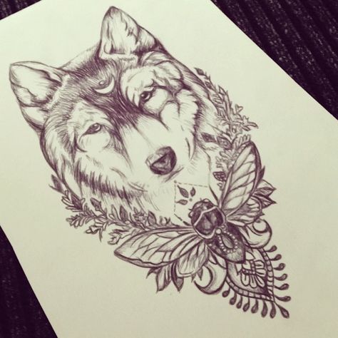 Wolf Tattoo Design Drawn by ME! - Credits to the original artist (unknown) #Wolf #tattoodesign #drawing #tattoo #wolftattoo Tattoo Ideas Female Wolf, Wolf Flower Tattoo, Feminine Wolf Tattoo Design, Chelsea Tattoo, Wolf Tattoos For Women, Tats Ideas, Magnolia Tattoo, Orchid Tattoo, Bear Tattoos