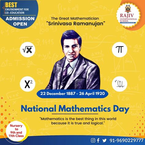 National Mathematics Day is celebrated today across our nation to mark the birth anniversary of Mathematical Genius Srinivasa Ramanujan. Wishing a very Happy National Mathematics Day. #NationalMathematicsDay #SrinivasaRamanujan #maths #mathematicsday2022 National Mathematics Day, Mathematics Day, Srinivasa Ramanujan, School Opening, Good Environment, International School, Very Happy, Logic, Good Things