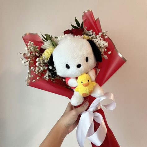 Sanrio Bouquet With Flowers, Stuffie Bouquet, Pochacco Bouquet, Plush Flower Bouquet, Snoopy Flower Bouquet, Snoopy Bouquet, Plushie Bouquet, Sanrio Bouquet, Hype Beast Bedroom