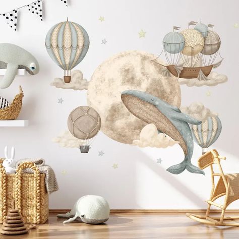 Elevate the enchantment of your space with our Whale Moon Air Balloon Wall Decal! This delightful decal features a charming scene of a majestic whale, a serene moon, and floating air balloons, creating a whimsical atmosphere. Easy to apply, it's perfect for nurseries, bedrooms, or any space in need of a touch of magic. Transform your walls into a captivating wonderland with our Whale Moon Air Balloon Wall Decal! Baby Wall Stickers, Large Wall Stickers, Hot Air Balloon Decorations, Hot Air Balloon Nursery, Elephant Fabric, Animal Wall Decals, Watercolor Nursery, Fabric Wall Decals, Nursery Decals