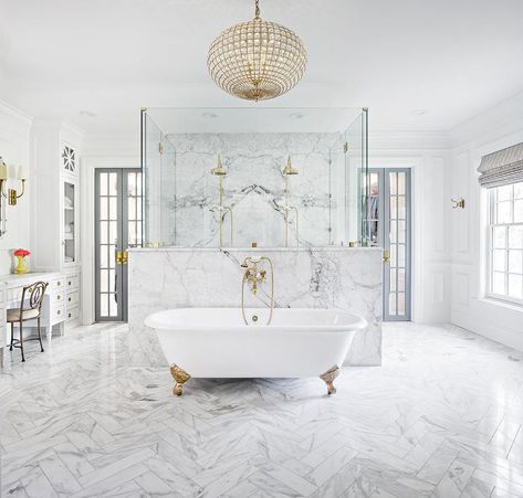 Gold clawfoot bathtub paired with a brass vintage handheld tub filler in front of a walk-in shower in a luxurious marble master bathroom. Bathtub Inspiration, Timeless Interior Design, Relaxing Bathroom, Bathroom Retreat, Timeless Interior, Gold Fixtures, Vinyl Decor, Home Luxury, Subway Tiles