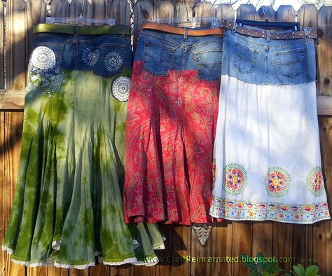 Refashion Co-op: Ooh those denim skirts! Artisanats Denim, Diy Clothes Refashion Videos, Jean Diy, Recyceltes Denim, Robe Diy, Diy Clothes Refashion, Diy Clothes Videos, Repurposed Clothing, Diy Skirt