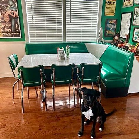 Come, sit, stay! Our diner booths are offered in hundreds of colors and many unique styles. Looking for a perfect fit for your space? We will make a custom booth just for you! If you would like a quote on a custom booth please visit our website and fill out a custom booth request form. #americanchairs #madeintheusa #diner #dinerstyle #homediner #retro #retrostyle #vintagestyle #boothseating #zodiac #wilsonart Diner Chairs, Seating In Kitchen, Diner Booth, Booth Table, 50s Diner, Mid Century Modern Interior Design, Vintage Diner, Booth Seating, Retro Diner