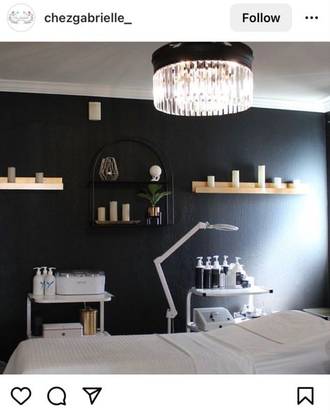 Black And White Spa Room Ideas, Black Wall Lash Room, Tattoo Artist Room Decor, Black Wall Esthetician Room, Black Waiting Room, Esthetician Room Black And White, Spa Accent Wall Ideas, Black And White Spa Aesthetic, Esthetics Room Black