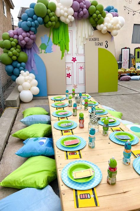 Check out this fun Monster Inc. birthday party! The decor is so cool!  See more party ideas and share yours at CatchMyParty.com Monsters Inc Table Decorations, Monster Inc Table, Monsters Inc Birthday Party Decorations, Monster Ink Birthday Party Ideas, Monsters Inc Party Decorations, Monster Inc Party Ideas, Monster Inc Birthday Party, Monsters Inc Centerpieces, Monsters Inc Birthday Party Ideas