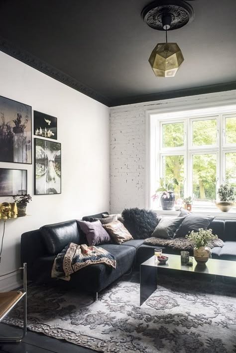 Hygge Living Room Ideas, Black Ceilings, Hygge Living Room, Black White Home Decor, Painted Ceilings, Black White Home, Modern Home Decor Living Room, White Apartment, Black And White Living Room