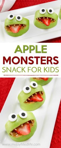 Make snack time fun with these silly apple monsters - easy to make and healthy too. Your kids will love this apple snack. Apple Monsters, Monster Snacks, Apple Snacks, Snack For Kids, Kid Snacks, Apple And Peanut Butter, Fun Snacks For Kids, Halloween Goodies, Oreo Dessert