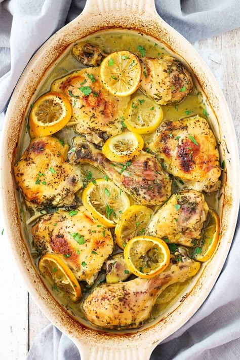 A large oval baking dish filled with lemon roast chicken pieces and lemon slices. Roast Chicken Pieces, Roasted Chicken Pieces, Chicken Pieces Recipes, Chicken Breast Instant Pot, Lemon Roasted Chicken, Kung Pao Chicken Recipe, Reheat Chicken, Rice And Chicken, Lemon Chicken Recipe