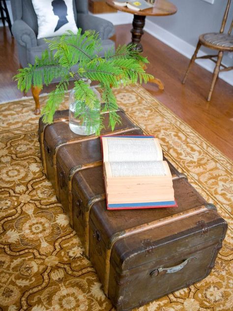 Steamer Trunk Coffee Table in Gray Living Room Aesthetic At Home, Steamer Trunk Coffee Table, Wizard Design, Hufflepuff Common Room, Ravenclaw Common Room, Starry Ceiling, Magical Library, Trunk Coffee Table, Hgtv Dream Home