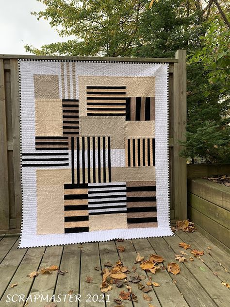 S C R A P M A S T E R: "Elements" Quilts With Striped Fabric, Grey Quilts, Masculine Quilts, Fun Quilts, Neutral Quilt, Modern Quilting Designs, Modern Quilt Blocks, Black And White Quilts, Abstract Quilt