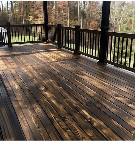 Deck Stain Ideas, Wood Deck Stain, Best Deck Stain, Rustic Deck, Wood Deck Railing, Deck Stain Colors, Front Porch Deck, Tan House, Deck Stain