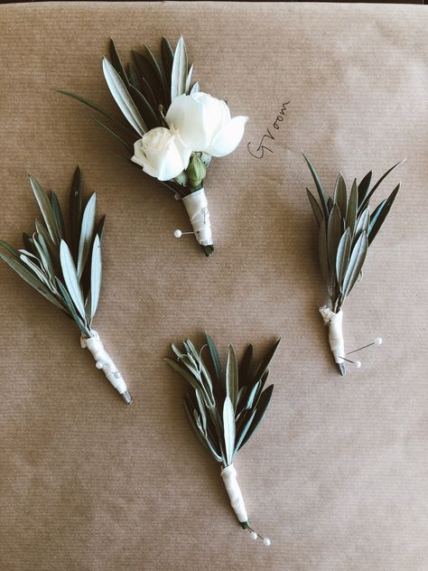 Small Boutineer Groomsmen, Olive Branch Boutonniere, Greenery Boutineer Groomsmen, Green White Boutonniere, Modern Boutineers, Pocket Boutonniere Simple, Olive Buttonhole, Boutineers Wedding Groomsmen, Simple Boutineer