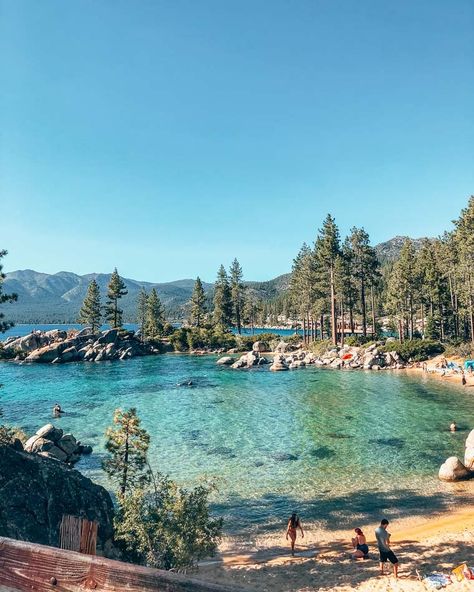 Beach Cove in Lake Tahoe, California during the summer. Lake Tahoe Camping, Fall Travel Destinations, Lake Tahoe Trip, Lake Tahoe Summer, Car Camping Essentials, Aesthetic Airport, Lake Tahoe Vacation, Tahoe Trip, North Lake Tahoe