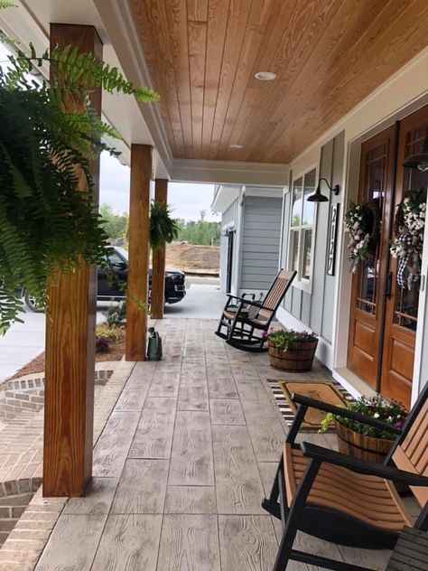 Concrete To Look Like Wood, Wood Stamped Concrete, Concrete Floors Diy, Stamped Concrete Patio Designs, Concrete Stain Patio, Porch Wood, Ranch House Exterior, Concrete Patio Designs, Stamped Concrete Patio