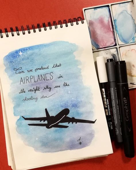 Plane Acrylic Painting, Airplane Watercolor Painting, Airplane Painting Easy, Future City Drawing Easy, Airplanes In The Night Sky, Science Experiments Kids Easy, City Scenery, Airplane Painting, Planes Birthday