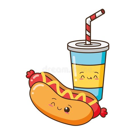 Dog Kawaii, Food Monster, Food Vector, Kawaii Cartoon, Hot Dogs, Stock Vector, Vector Illustration, Drinks, Dogs