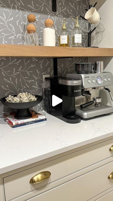 Ally • Home Inspo on Instagram: "You don’t need fancy and expensive customs drawer inserts!  You just need @amazonhome 🤩. These are just 23 year old cabinets that I refinished and added some different storage finds from @amazon along with some leftover wallpaper to line the drawer and this coffee bar is looking pretty custom!!! How good does this look!?!?

Comment SHOP for links! 🔗 

#organizedkitchen 
#amazonfind 
#amazonhome 
#amazonhomefinds 
#organizedpantry 
#pantryorganization 
#kitchenorganization 
#coffeebarideas 
#coffeebarinspo" Drawer Inserts, Old Cabinets, Cabinet Drawers, Bar Cabinet, Pantry Organization, Kitchen Organization, Coffee Bar, How To Look Pretty, Drawers