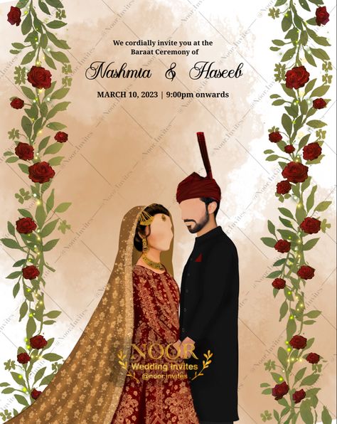 Barat Cards Wedding Invitations, Creative Wedding Invitations Design, Groom Cartoon, Wedding Illustration Card, Bride And Groom Cartoon, Wedding Illustrations, Shadi Card, Muslim Wedding Cards, Indian Wedding Invitation Card Design