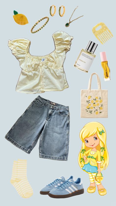 #strawberryshortcake #ootd #outfit #itgirl #yellow #babydoll #samba #lemon #meringue Raspberry Outfit, Lemon Strawberry Shortcake, Lemon Meringue Strawberry Shortcake, Mixed Outfits, Strawberry Shortcake Outfits, Clothing Board, Style Bundle, Lemon Raspberry, Lemon Meringue