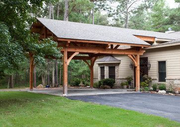 90 degree carport roof attached to house--Houston Timber Frame - Traditional - Garage And Shed - Houston - Texas Timber Frames: Carport Addition, Attached Carport, Carport Design, Garage Extension, Carport Ideas, Carport Patio, Carport Plans, Walkway Landscaping, Carport Garage