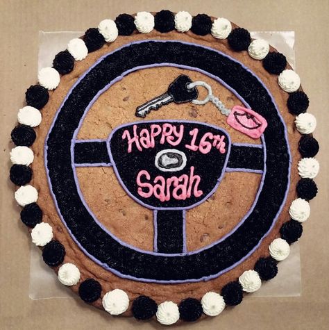 Steering wheel Sweet 16 cookie cake Steering Wheel Cake Design, 16th Birthday Cookie Cake, Steering Wheel Cake, Sweet 16 Cookie Cake, Publix Birthday Cakes, Jumbo Cookies, Giant Cookie Cake, Message Cookies, Publix Bakery