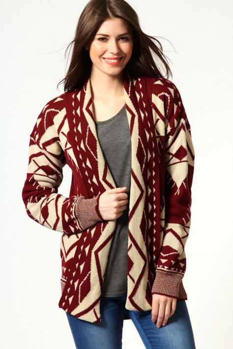 Mya Aztec Cardigan at boohoo.com Aztec Print Cardigan, Aztec Cardigan, Long Knit Cardigan, Open Knit Cardigan, Knitwear Tops, Knitted Cardigan, Knitwear Women, Cardigans For Women, Front Open