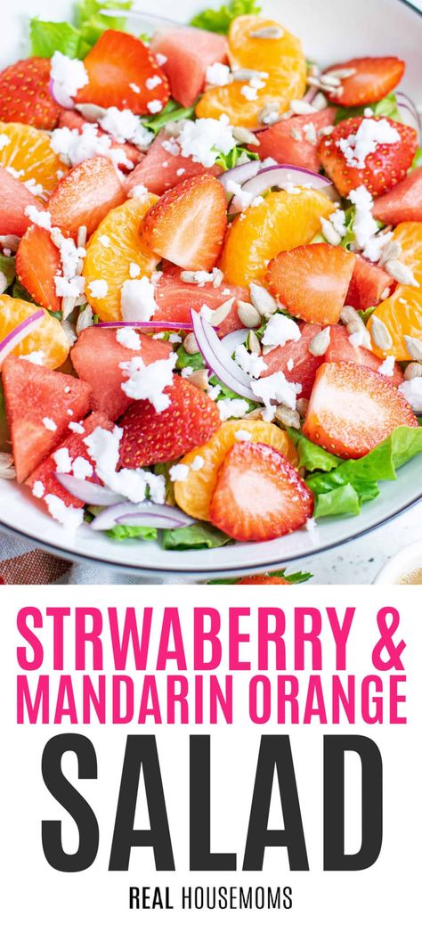 Sweet, savory, and incredibly refreshing, Strawberry & Mandarin Orange Salad is a beautiful dish that'll take you on a delicious flavor trip. #Realhousemoms #watermelon #strawberry #salad #redonion #sidedish #fetacheese #mandarinoranges #thanksgiving #christmas Stawberry Salad, Tangerine Salad Recipes, Watermelon Strawberry Salad, Tangerine Salad, Mandarin Salad, Grilled Strawberries, Mandarin Orange Salad, Unique Salad, Watermelon Strawberry