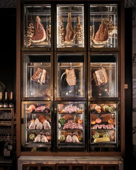 Meat Aging Fridge, Creepy Butcher Shop, Meat Market Design, Meat Fridge, Meat Freezer, Meat Display, Charcuterie Display, Meat Store, Bar Restaurant Interior