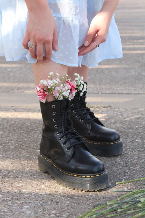 Doc Marten Wedding, Flower Buckle Doc Martens Outfit, Doc Martens Photoshoot, Doc Marten Flower Sandal, Flowery Doc Martens, Dr Martens Flora, Floral Doc Martens, Tumblr Flower, Dr Martens Floral Boots